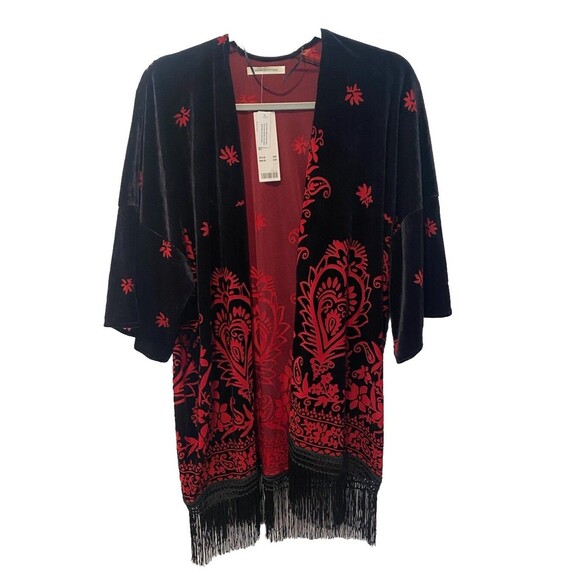 Urban Outfitters Fringe Burnout Velvet Kimono Cardigan One Size Open Front Top - Picture 2 of 10